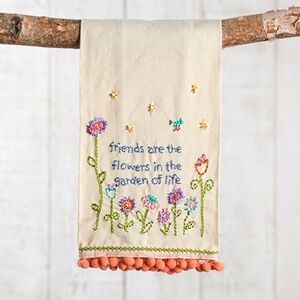 NATURAL LIFE Linen Hand Towel with Colorful Floral Embroidery and Pink Pom Trim